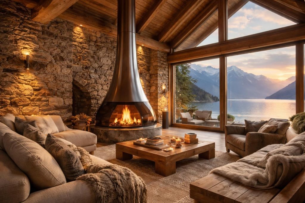 découvrez comment décorer un chalet au bord du léman en alliant pierres naturelles et cheminée design signée philippe starck pour une ambiance chaleureuse et élégante.