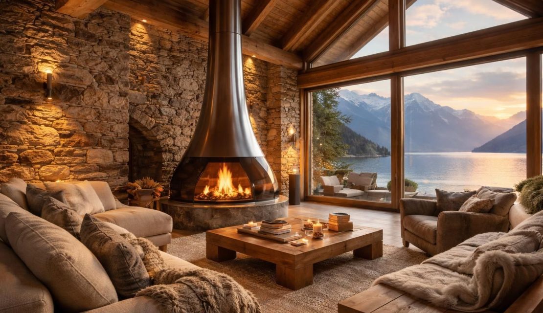 découvrez comment décorer un chalet au bord du léman en alliant pierres naturelles et cheminée design signée philippe starck pour une ambiance chaleureuse et élégante.