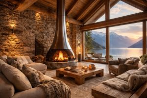 découvrez comment décorer un chalet au bord du léman en alliant pierres naturelles et cheminée design signée philippe starck pour une ambiance chaleureuse et élégante.