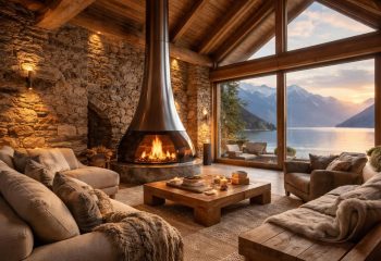 découvrez comment décorer un chalet au bord du léman en alliant pierres naturelles et cheminée design signée philippe starck pour une ambiance chaleureuse et élégante.