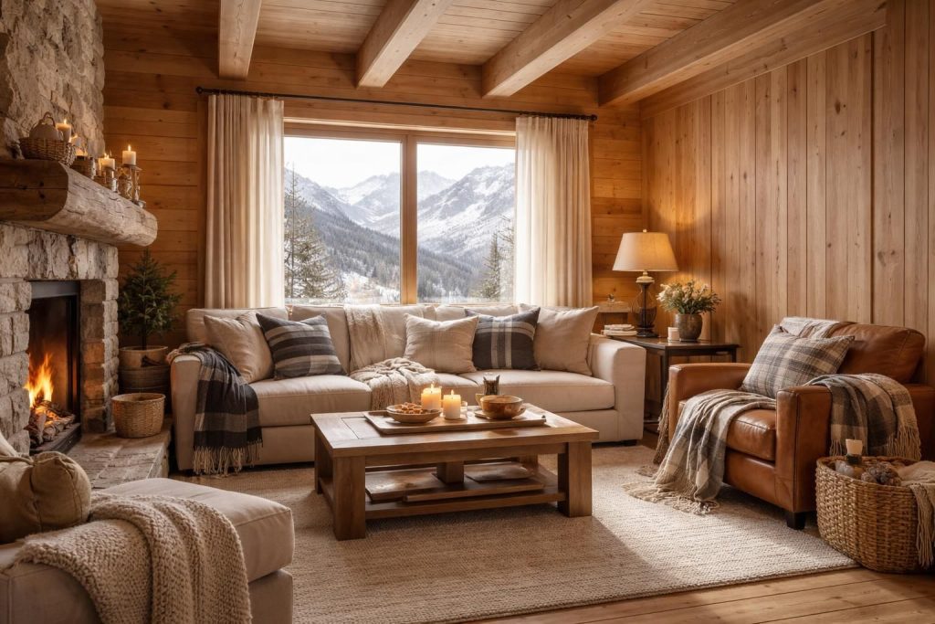 sublimez les murs de votre chalet alpin en associant l'élégance des boiseries tarkett à la douceur des textiles lexington pour une ambiance chaleureuse et authentique.