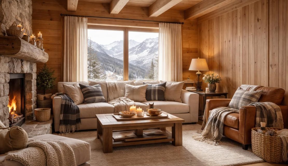 sublimez les murs de votre chalet alpin en associant l'élégance des boiseries tarkett à la douceur des textiles lexington pour une ambiance chaleureuse et authentique.