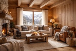 sublimez les murs de votre chalet alpin en associant l'élégance des boiseries tarkett à la douceur des textiles lexington pour une ambiance chaleureuse et authentique.