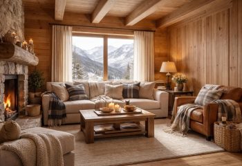 sublimez les murs de votre chalet alpin en associant l'élégance des boiseries tarkett à la douceur des textiles lexington pour une ambiance chaleureuse et authentique.