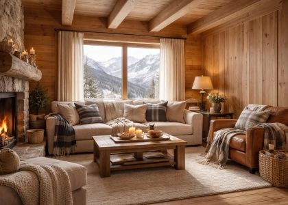 sublimez les murs de votre chalet alpin en associant l'élégance des boiseries tarkett à la douceur des textiles lexington pour une ambiance chaleureuse et authentique.