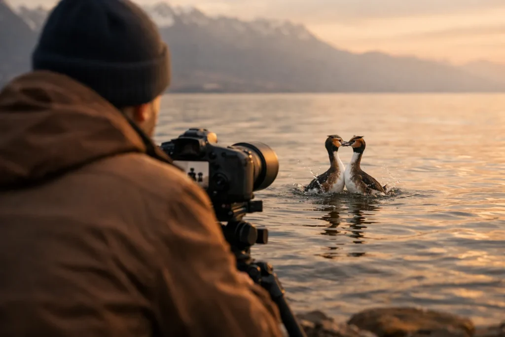 Le grèbe huppé danse sur le Léman en mars : où et quand voir la parade